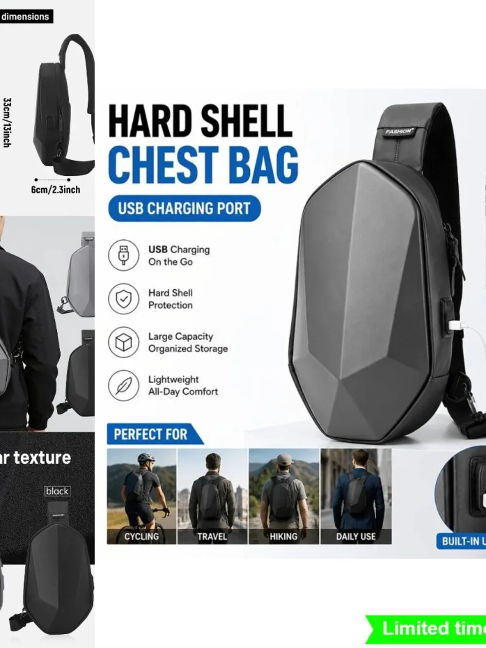 Geometric Hard Shell Chest Bag Crossbody Backpack with USB Port